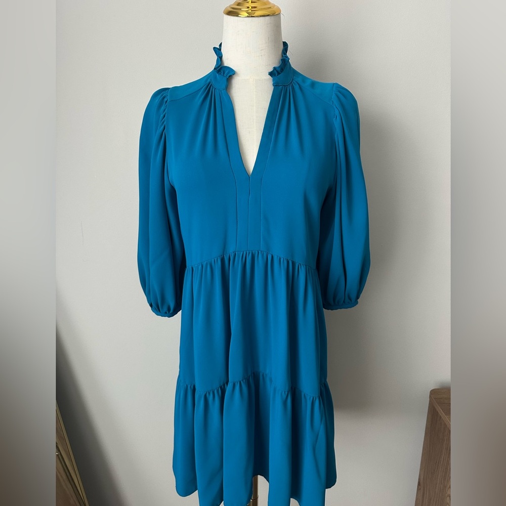 Amanda Uprichard Teal Ruffle Neck Women's Tiered Dress-xs